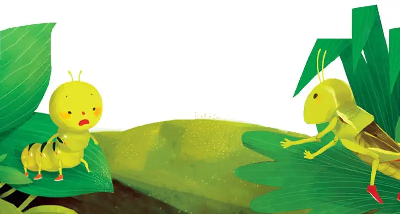 A concerned yellow caterpillar on a leaf looks across at a friendly green grasshopper wearing red shoes among plants.