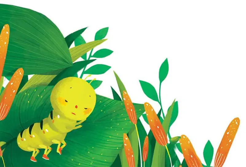 A tired yellow caterpillar with orange shoes crawls on a large green leaf surrounded by orange cattails and lush plants.