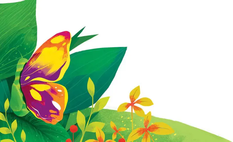 A beautiful butterfly with purple, orange and yellow wings emerges near green leaves and orange flowers on a green hill.