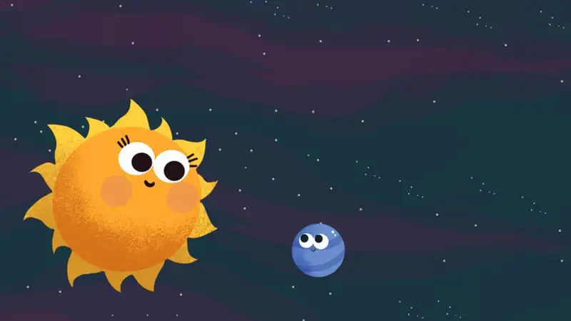 A cheerful yellow sun with big eyes looks at a small sad blue planet Neptune in dark purple starry space.