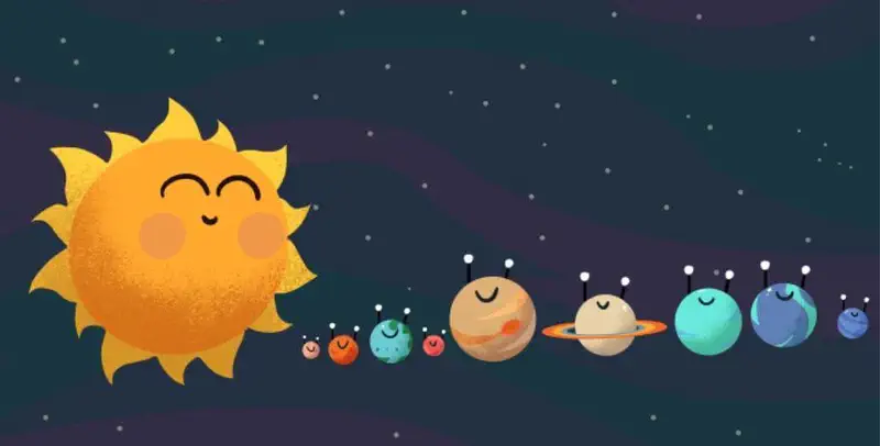 A happy smiling sun watches as all the cartoon planets sleep peacefully in a row across the starry night sky.