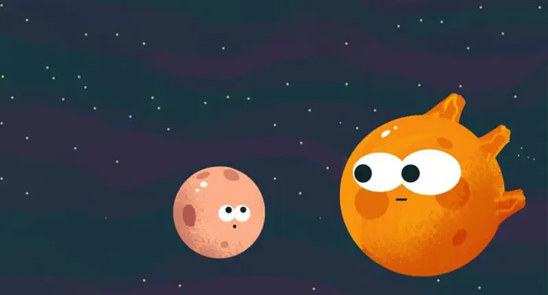 A small worried pink Pluto floats near a grumpy orange Venus with horns in the dark purple starry space.
