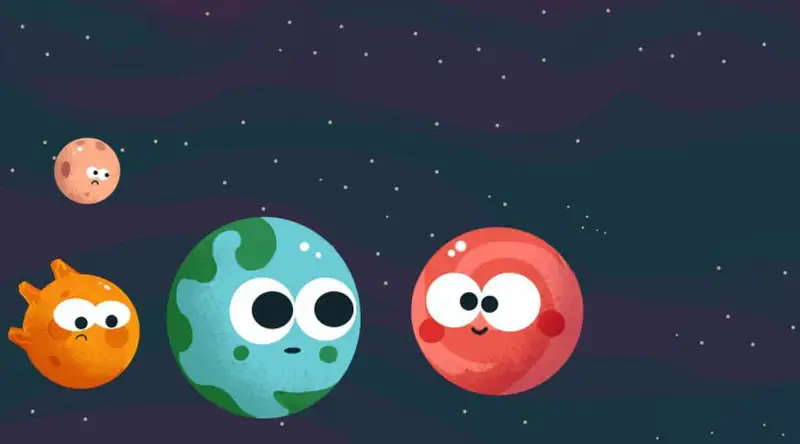 Four cartoon planets in space: tiny sad Pluto, grumpy orange Venus, curious blue-green Earth, and happy red Mars.