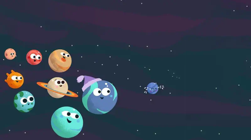 Happy cartoon planets gather in space while Neptune in a nightcap waves goodbye to a small shivering Pluto far away.