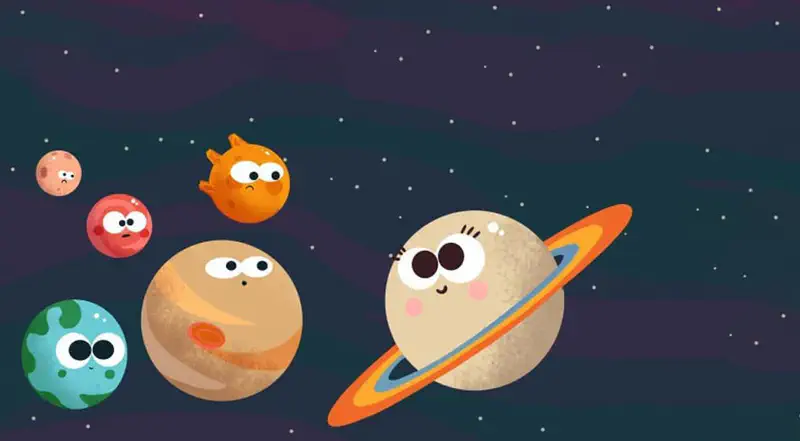 Cute Saturn with colorful rings and rosy cheeks floats near Jupiter while smaller planets including Pluto watch in space.