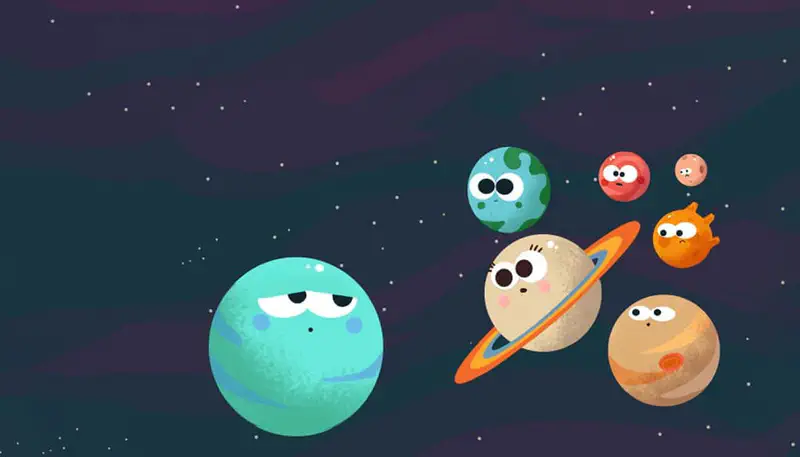 A grumpy teal Uranus with half-closed eyes floats in space near Saturn, Earth, Mars, Pluto, Venus and Jupiter.