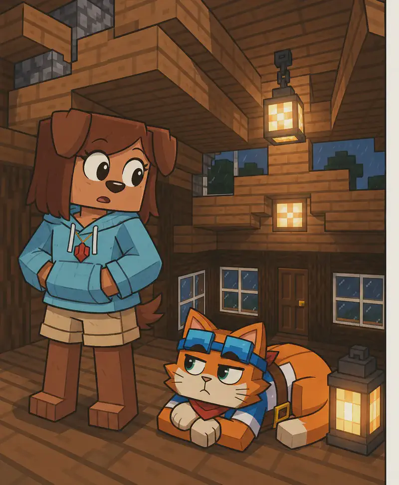 On the left side of the image, Tip stands in the foreground facing into a dimly lit wooden cabin interior, looking alert and slightly concerned. The indoor scene shows a cozy room with wooden walls, ceiling beams, glowing lantern lights, and windows through which a dark, overcast sky is visible. Brat Cat is curled up near a glowing lantern on the floor under Tip, looking up at Tip with a resigned expression and letting out a sigh. The right ~50% of the image is plain light background, clear for text overlay.