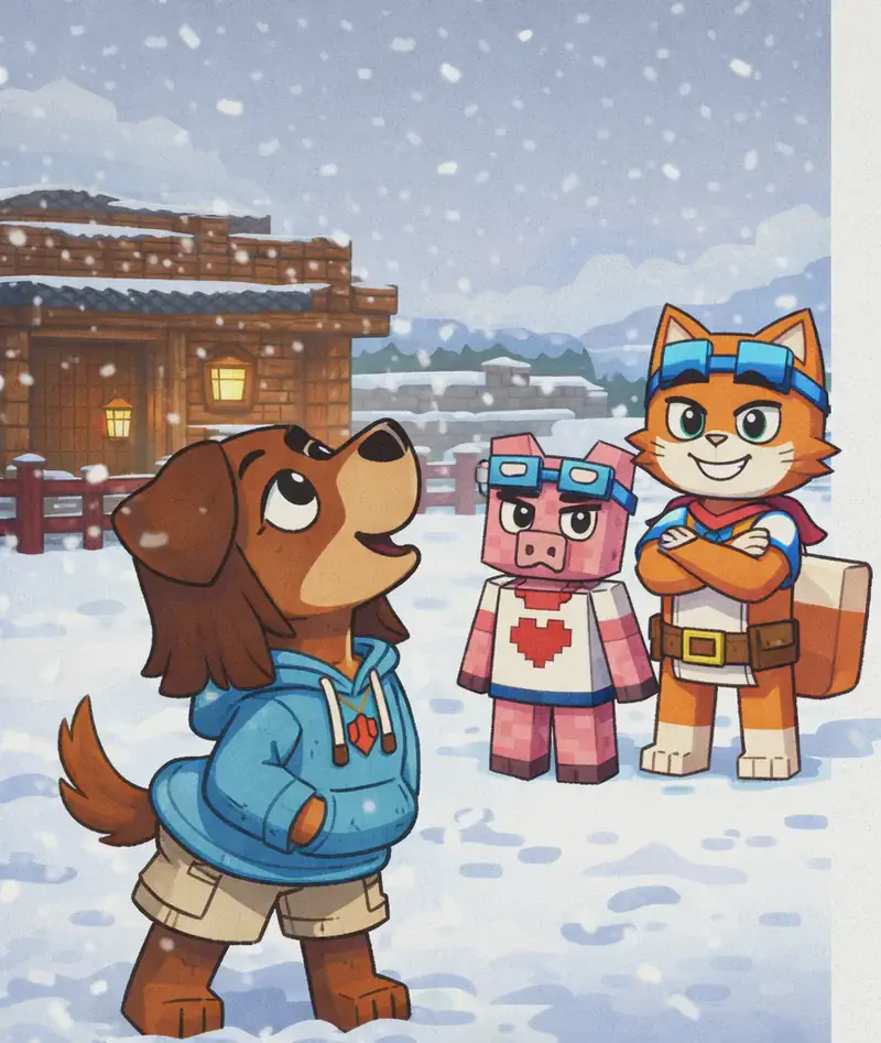 On the left side of the image, Tip stands in a snowy outdoor scene, head raised and nose lifted to the air, sniffing with a hungry, curious expression. Behind Tip in the middle-left area, a cozy log cabin with a warm glowing lantern and a red fence is visible through the falling snow. Further back, Brat Cat and Fig Pig stand near the cabin, looking toward Tip as she calls out to them. The ground is covered in thick snow, and rolling snow-covered hills line the background under a pale, overcast winter sky with snowflakes drifting down. The right ~40% of the image is plain light background reserved for text overlay.