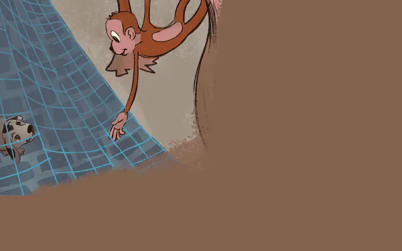 A brown monkey hangs upside down from a tree branch, reaching toward a blue net where a spotted dog peeks through.