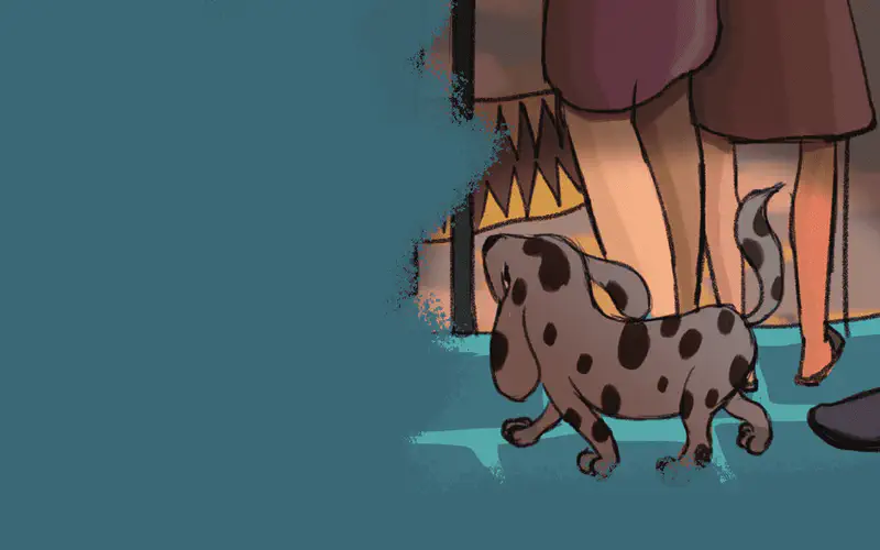 A spotted dog walks near a circus tent entrance. A person in a pink skirt stands beside the tent with warm lighting glowing inside.