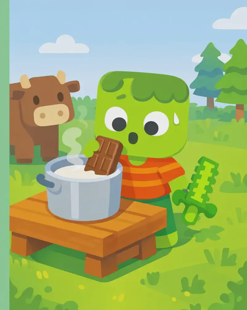 On the right side of the image, Zom stands behind a wooden crafting table outdoors, facing the viewer with a focused expression and leaning in to sniff the mixture with a 'whew' reaction. He has light green skin, darker green messy hair, and wears an orange-and-red horizontally striped t-shirt with dark green pants and bright green shoes, his pixelated light-green sword resting on the table. On the table sits a large bucket of milk and a block of chocolate that he is adding to the mix. A brown cow stands behind Zom near the table. The scene is set in a bright, grassy outdoor area with trees in the background under a clear daytime sky. The left side of the image is plain green background.