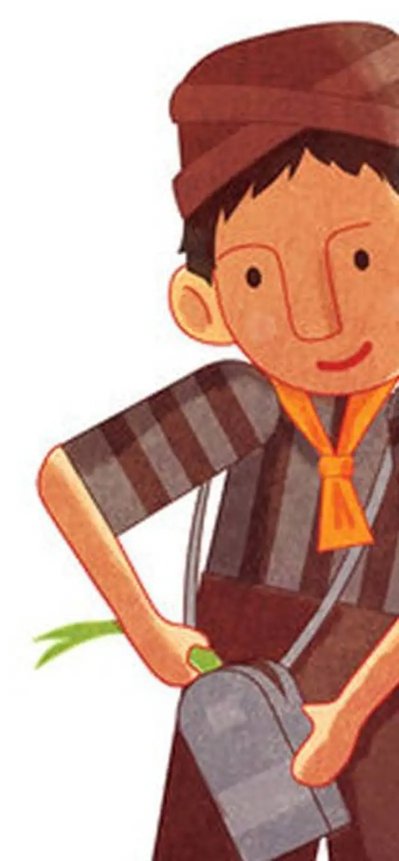 A boy in traditional Indonesian clothing with a brown cap, striped shirt, orange scarf, and gray shoulder bag holds a green plant stem.