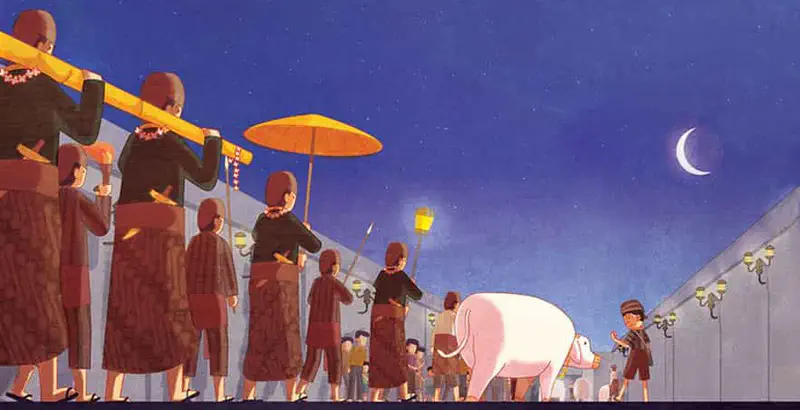 A ceremonial nighttime procession with people in traditional dress playing instruments and carrying umbrellas while a boy leads a white calf under a crescent moon.