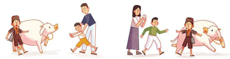 Two scenes of a boy in traditional clothing walking with a white calf while families watch, take photos, and children run excitedly.