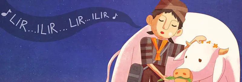 A boy in traditional clothing sits peacefully with a white calf under a night sky, singing a lullaby with musical notes floating above.