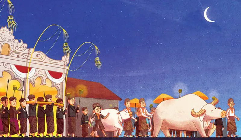 A grand nighttime procession with people carrying an ornate golden palanquin, playing instruments, as a boy leads white calves under a crescent moon.