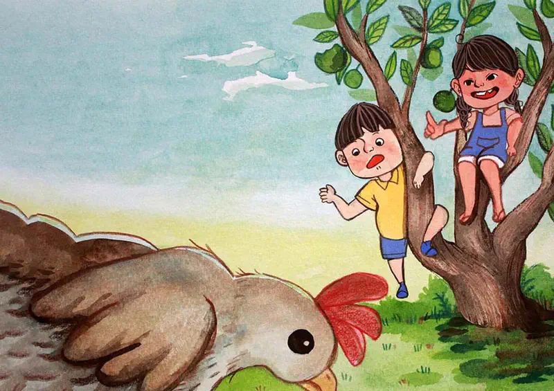 A gray hen pecks at the ground while two children watch from a tree. A boy in yellow looks surprised while a girl in blue overalls laughs.