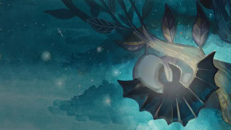 A bat hangs upside down from a tree branch against a magical starry night sky with glowing lights and dark leaves.