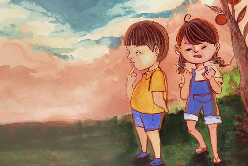A boy in yellow and a girl in blue overalls stand back-to-back looking upset under a sunset sky with orange and blue clouds.