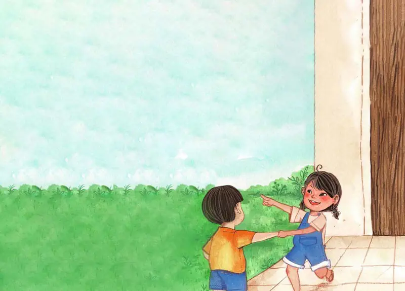 A girl in blue overalls pulls a boy in orange by the hand, pointing excitedly toward a house with green fields and cloudy sky behind them.
