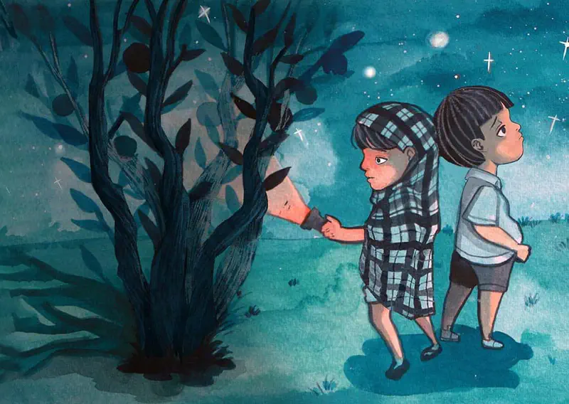 Two children walk through a starry night field toward a tree. A girl in plaid holds a flashlight while a boy follows behind looking worried.