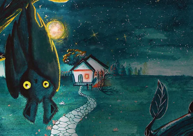 A bat with glowing yellow eyes hangs from a tree under a full moon. A small house with a stone path sits in the background under a starry sky.