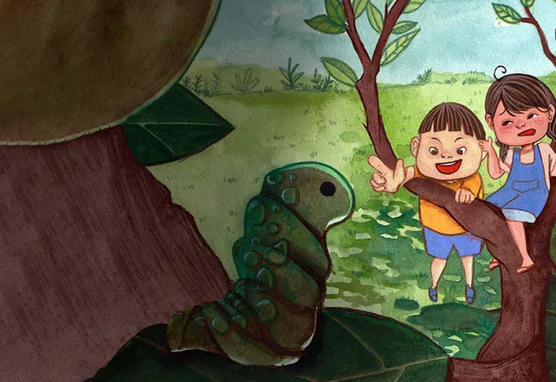 Two children discover a large green caterpillar on a tree branch. The boy in yellow laughs excitedly while the girl in blue looks surprised.
