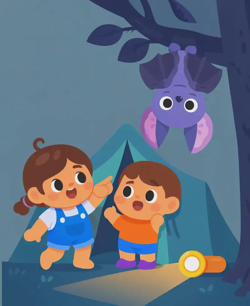 On the right side of the image, Kale and Kina are huddled together peeking out from a teal camping tent, both looking surprised and amazed. Kina is pointing proudly toward a tree on the far right, where Bat hangs upside down from a branch with its wings folded. A flashlight lies on the ground in front of the tent, casting a warm beam of light toward the tree. The scene is set outdoors at nighttime with dark, moody lighting and a large tree trunk dominating the right edge. The left ~30% of the image is a plain muted teal/gray background.