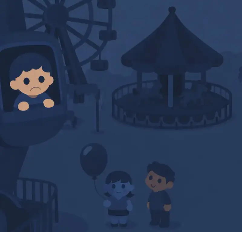 On the left side of the image, a carnival scene is shown in muted, dark blue tones suggesting the power has gone out. A large Ferris wheel dominates the upper left, stopped mid-turn, with small figures visible in its gondolas — one child near the bottom looks up with a troubled, distressed expression. A carousel sits in the center-left, still and silent. Below and around the rides, a couple of kids stand idle on the ground, one clutching a balloon, looking disappointed. The overall atmosphere is dim and still, conveying that the carnival has shut down — no music, no laughter, no rides. The right ~40% of the image is plain muted blue background.
