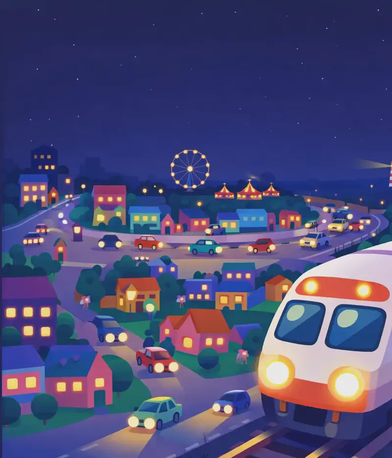 A wide nighttime view of a bustling American town seen from an elevated angle, with all activity on the right side of the image. In the lower right, a train rumbles along the tracks with headlights blazing. The town stretches across the center-right, filled with colorful buildings, houses with warmly glowing windows, cars traveling the roads with their headlights on, streetlights glowing, and a distant carnival sparkling on the horizon with a Ferris wheel and fairground lit up. A dark night sky fills the upper portion, emphasizing how every single light — from a streetlamp to a window candle — keeps the town alive after dark. The left ~40% is plain dark sky and muted background.