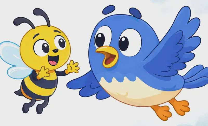 On the right side of the image, Bird is flying with wings spread wide, beak slightly open, with a curious, wondering expression. Bee hovers just in front of Bird's beak, facing Bird with a concerned, earnest expression and arms gesturing as if mid-conversation. The left side of the image is plain white background. The scene has a soft, watercolor-style white/open-sky backdrop with faint gray clouds, suggesting an outdoor midair moment between the two characters.