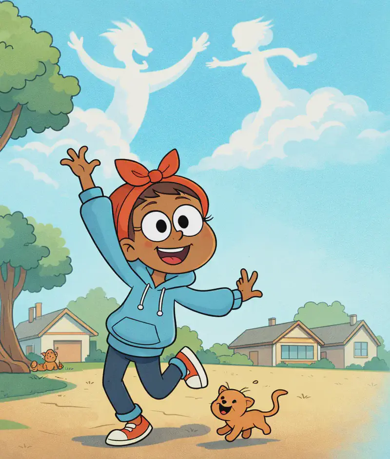 On the left side of the image, Sister is dancing joyfully at a three-quarter angle facing the viewer, with one arm raised toward the sky, doing a jig in an open grassy yard in a suburban American neighborhood setting. She has an excited, celebratory pose with her body mid-movement, wearing her light blue hoodie with white drawstrings and her bright red headband tied in a bow. Above her in the blue sky, two cloud-shaped figures — a man and a woman — appear to be dancing and leaping together among the clouds. A tree stands to the far left. A small kitten is visible near Sister's feet, appearing to follow along with her dance. Two additional small animals are near the tree on the far left.