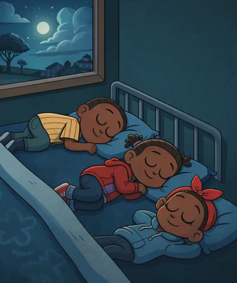 On the left side of the image, Boy, Girl, and Sister lie sleeping peacefully on a bed with blue pillows and sheets, their eyes closed with calm, restful expressions. Boy is at the top of the bed lying on his stomach, Girl is in the middle curled on her side, and Sister is closest to the foreground resting on her back. A window on the upper left reveals a nighttime sky with moonlit clouds and trees outside a suburban American neighborhood. The room is bathed in soft, dark teal tones reflecting the nighttime setting. The right side of the image is plain dark background.