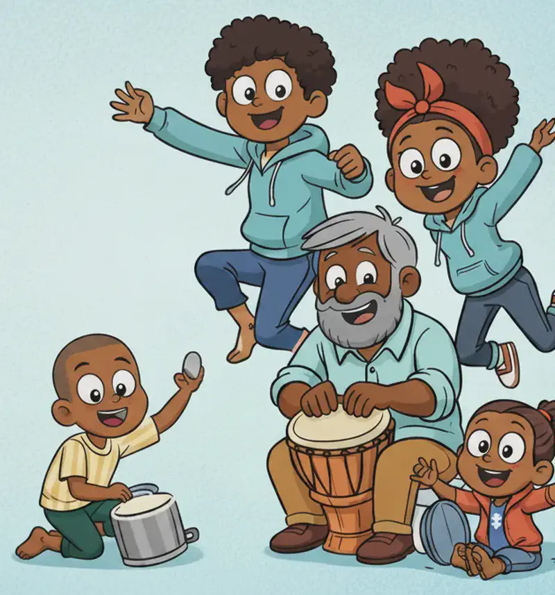 On the right side of the image, Dad sits smiling and playing a djembe drum, while Boy crouches barefoot beside him banging on an overturned pot. Girl sits barefoot nearby hitting a small pan, one arm raised joyfully. Mum leaps gracefully in a dancing pose with arms outstretched, and Sister jumps barefoot energetically beside her, both looking happy and mid-motion. The background is a soft, plain light blue, with the left side (50%) open and clear of characters or detail.