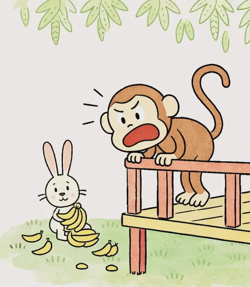 On the right side of the image, Monkey stands on a wooden bridge or platform with red railings, leaning forward over the railing at a three-quarter angle, his face visible and contorted with anger and hunger — mouth wide open as if shouting, brow furrowed. In the middle distance, Rabbit sits on the green grass facing toward the viewer, with a great big bunch of bananas and several loose bananas scattered on the ground around him in a casual picnic setting. The scene is set outdoors in a lush green meadow with tropical-looking foliage hanging from the top of the frame. The left ~40% of the image is plain white/light background, suitable for text overlay.