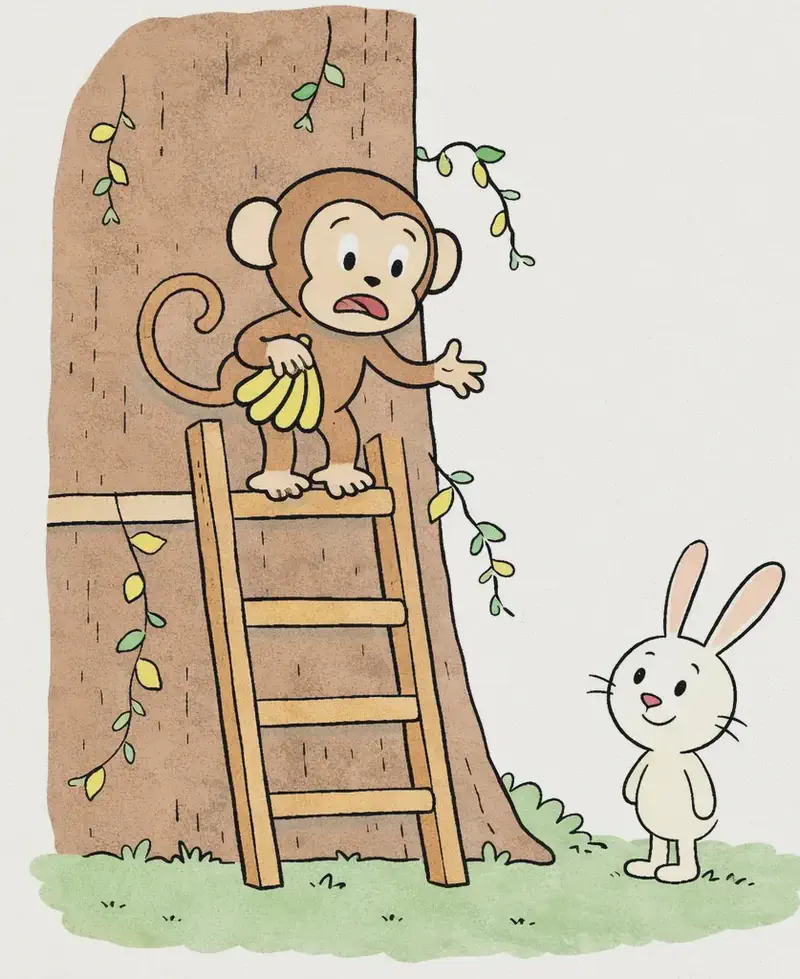 On the left side of the image, Monkey stands on a wooden ladder propped against a large tree trunk, with a worried, uncertain expression on his face. He holds a bunch of bananas in one hand and gestures with the other. The scene is outdoors with green vines and small yellow flowers trailing along the tree. Down on the grass at the base of the tree, Rabbit stands looking up at Monkey with a calm, reassuring smile, speaking up to him. The right side of the image is plain white background, framed by a decorative scalloped border.