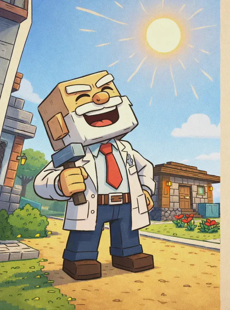 On the left side of the image, Dr. Can Do stands on a sandy path outside a suburban house, facing the viewer at a three-quarter angle, looking up at the blazing sun high above and laughing. He is a blocky, Minecraft-style character with a cube-shaped head, light beige skin, white bushy eyebrows, a thick white mustache, and small dark eyes. He wears a white lab coat over a white dress shirt with a red necktie, a dark brown belt, dark navy-blue pants, and dark brown shoes, and holds a small gray hammer in his right hand. A stone-and-wood house sits in the middle-left background along the sandy path, with red tulips and green shrubs in the front yard. The scene is set outdoors on a bright, sunny summer day with a clear blue sky, emphasizing the hot Christmas weather. The right ~40% of the image is a plain beige panel reserved for text.