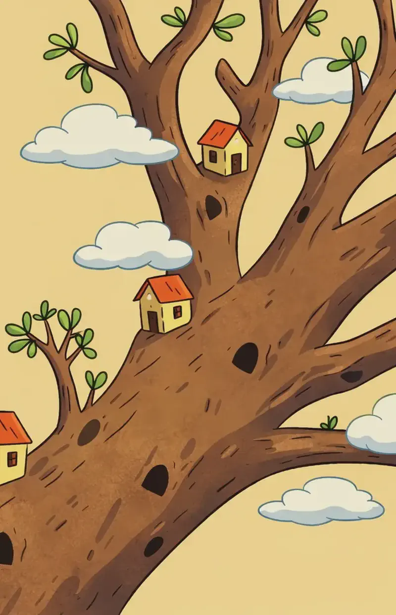 On the right side of the image, a large brown tree trunk extends diagonally with branching limbs, dotted with several dark holes. Small houses with red-orange roofs and pale yellow walls sit along the branches, forming a tiny township. Green leaves sprout from the branch tips, and soft white clouds drift between the branches. The left side is open, warm-toned sky. No characters are visible in the scene.