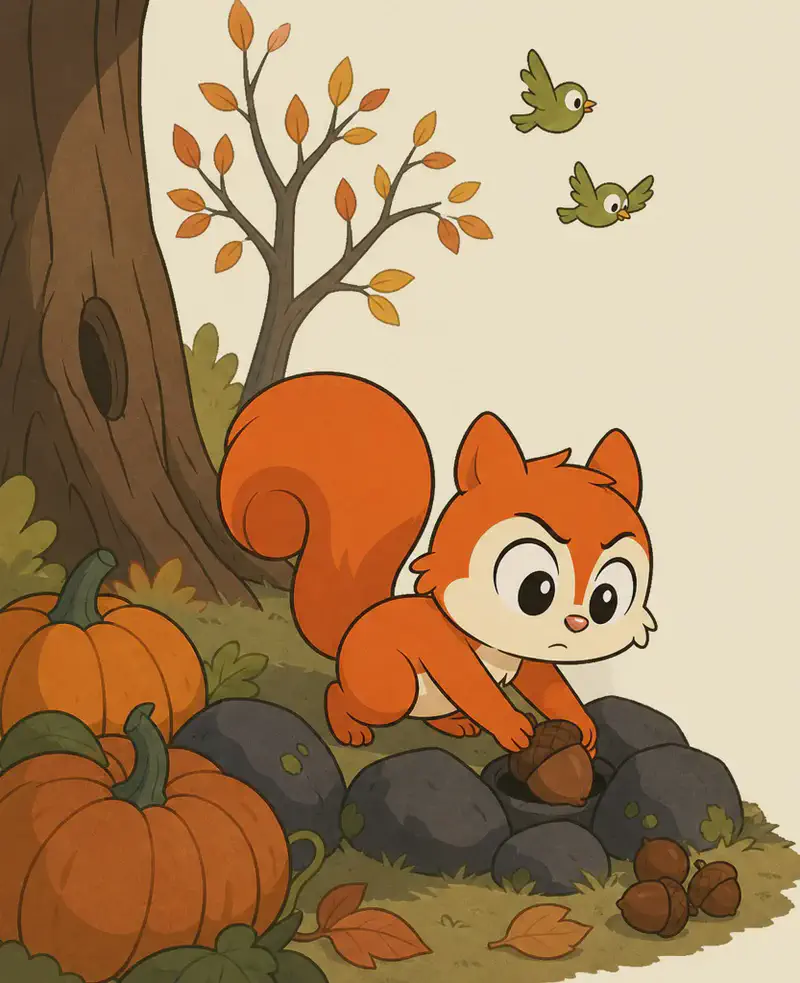 On the left side of the image,  Pip crouches with a determined expression beside a large tree, tucking nuts into a hole among dark rocks and large orange pumpkins. A slender tree with sparse autumn leaves stands in the background, and two small green birds flutter above. The right side of the image opens into a plain, soft cream-coloured sky with no detail.  There is only one Pip.