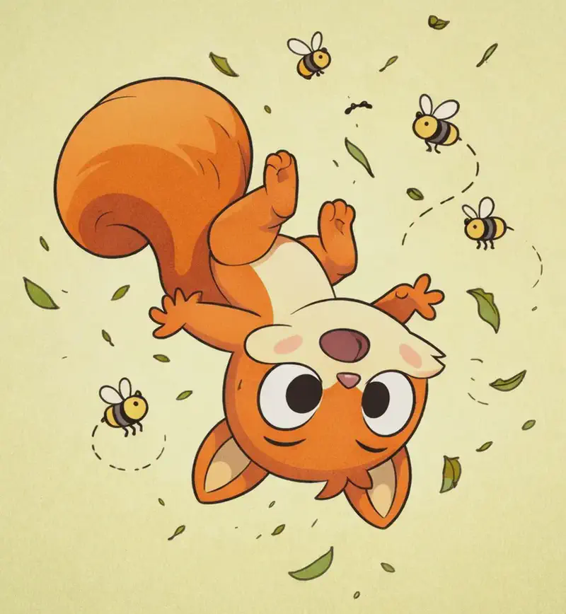 On the right side of the image, Pip the orange squirrel is tumbling through the air upside-down with wide eyes and a small open mouth, her expression bright and surprised, almost playfully curious, with arms and legs spread outward mid-tumble. Four bees buzz around her with dotted flight trails, one to her left and three scattered to her right near her body and tail. Green leaves and tiny debris fly around the scene, emphasising the motion of being tossed about. The left side is plain pale yellow-green background, and the overall setting is an outdoor daytime scene with soft, warm, even lighting.