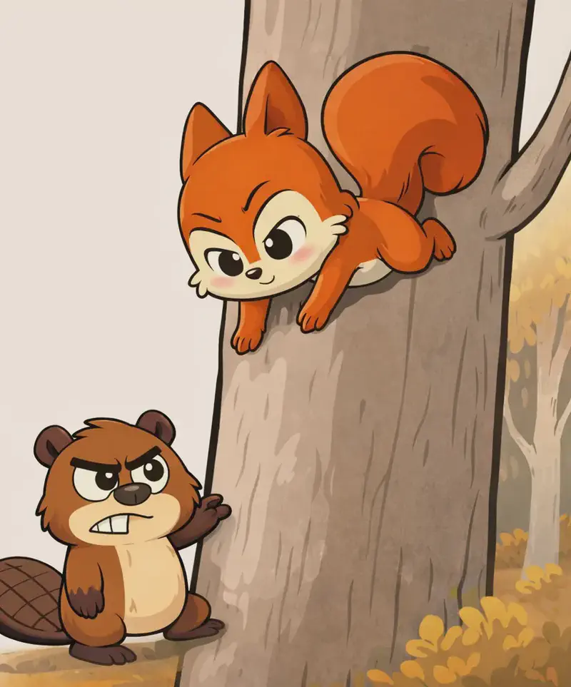 On the right side of the image, Pip, a bright orange-red squirrel with a large curled fluffy tail, clings headfirst to a large pale-grey tree trunk near the top of the frame, facing downward with a determined, slightly smiling expression as she begins climbing down, her paws gripping the bark. At the base of the tree stands a brown beaver with a cream belly, prominent front teeth, and a flat cross-hatched tail, glaring upward with a grumpy, frowning expression while pressing one paw against the trunk. The scene is set outdoors in a muted, autumnal woodland with golden-yellow foliage clustered along the lower right and behind the trunk, rendered in soft, textured tones. The left side of the image is open pale cream background, with the composition dominated by the broad tree trunk and subdued earthy tones.