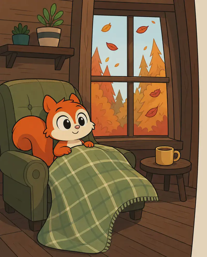 On the left side of the image, Pip is sitting contentedly in a cosy armchair, tucked under a green plaid blanket with a peaceful, satisfied smile on her face. She gazes out through a large window in the centre of the scene, where autumn leaves in warm oranges and reds drift past. The indoor setting is a warm, comfortable living room with a small round coffee table holding a cup, potted plants on a shelf above, and soft natural light streaming through the window — evoking a sense of cosy readiness for winter.  The house Pip is in is clearly a wooden house perched up high in a tree, and the view from the window reflects that.