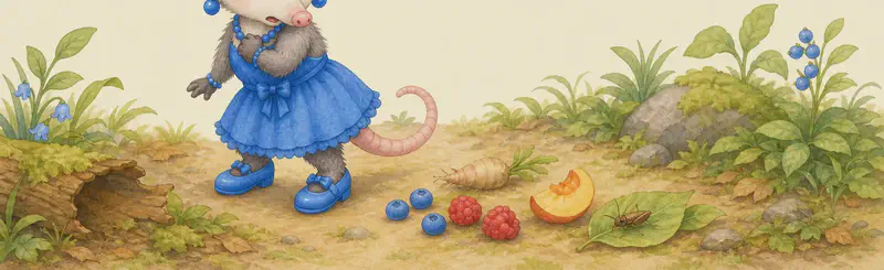 Zulma stands on a forest patch, looking around nervously over her shoulder — she is keeping watch for foxes. In front of her, a small spread of food items she eats: a few berries/fruit, a small root, a tiny insect on a leaf. Her long snout and oval head are clearly visible.