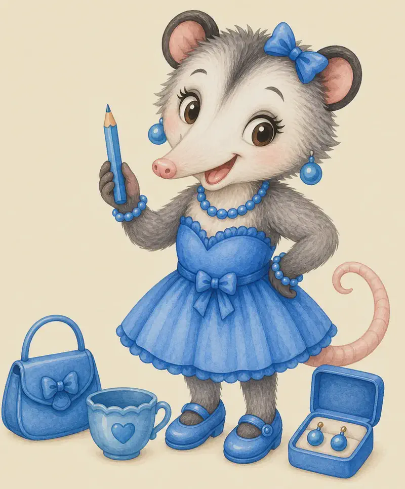 Zulma proudly displays her blue belongings — a blue cup, blue earrings, and her treasured blue pencil — all arranged neatly in front of her. She is smiling with vain pleasure at her blue collection. Simple background.