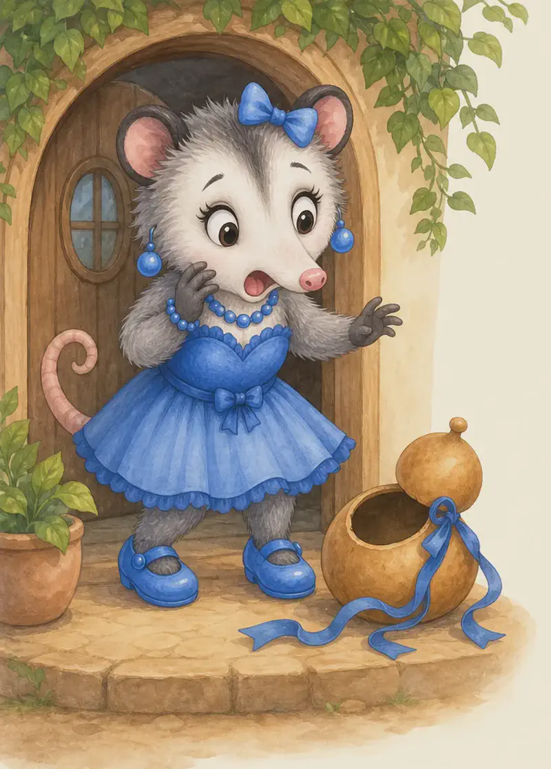 Zulma arrives home and stops short, eyes wide with surprise, as she sees her dried gourd container open with the blue ribbon untied beside it. The gourd container is clearly the centerpiece of the action. Zulma's blue shoes are prominent on her feet.