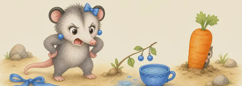 A scene of disarray: the blue ribbon lies on the ground, the blue earrings dangle from a leaf, the blue cup is filled with water sitting nearby, and Zulma's blue shoes are clearly absent. Zulma's face is furious. Nearby, a large carrot is standing upright with something small clearly hiding/peeking from behind it (just a small shape, no clear identity yet).