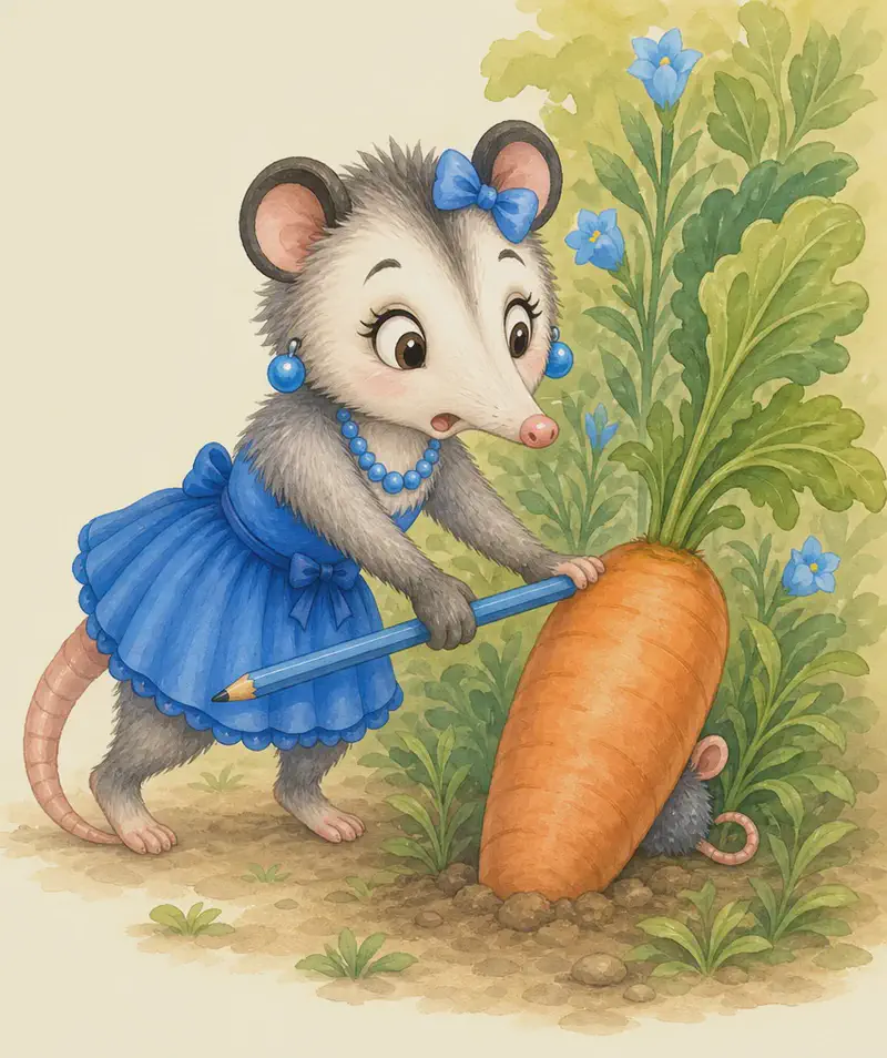 Zulma cautiously holds her blue pencil and uses it to push the large carrot aside. She is leaning forward, eyes wide with anticipation. Whatever is behind the carrot is just beginning to be revealed — keep it a bit ambiguous (a tiny silhouette or hint of small ears/tail showing) so the reveal lands fully on page 7.