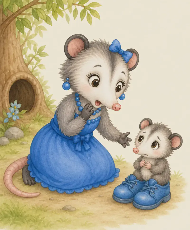 The reveal: a tiny baby opossum (Zaida) sits behind where the carrot was, wearing the blue shoes which look too big on her tiny feet. She looks small and a little scared/sad as she explains who she is. Zulma kneels or leans down, her anger softening into surprise and concern.