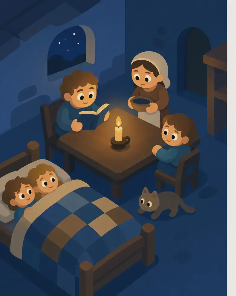 On the left side of the image, a nighttime scene is shown from a bird's-eye view inside a dimly lit American home, rendered in blue-toned watercolor. A family is gathered in a room lit by a single candle on the dining table — two figures sit at the dining table, one reading a book by candlelight, while another stands nearby holding what appears to be a dish; a window behind them shows a dark night sky with a single candle glowing on the sill. In the lower-left, two children lie in bed under a patchwork quilt, and on the floor near the table, a cat prowls the dim room looking for a warm spot. The entire scene conveys a pre-electricity, medieval-like atmosphere with no modern lighting, matching the text's theme of living by the sun. The right ~40% of the image is plain white background.  There should be only one candle in the room.  There should be no candle on the windowsill.