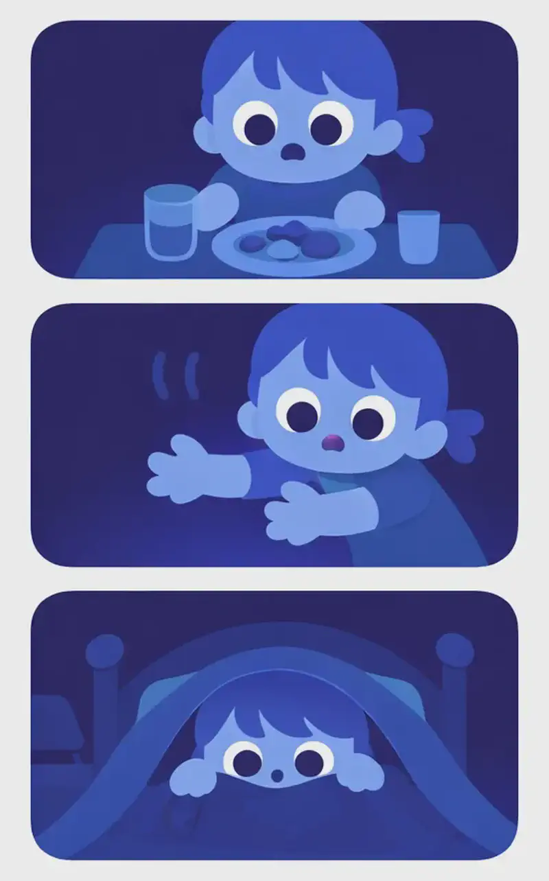 On the right side of the image, three stacked comic-style panels rendered in dark blue watercolor tones depict a young child experiencing a world without lights. In the top panel, the child sits at a table with a worried expression, struggling to see a plate of food and a glass in near-darkness. In the middle panel, the child reaches out with arms extended, looking anxious and disoriented as they feel their way through the dark room. In the bottom panel, the child is curled up in bed hiding under the covers with a scared expression, peeking out fearfully, the bedroom furniture barely visible in the deep nighttime darkness. The left ~40% of the image is plain white background.